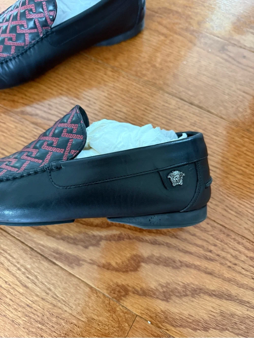 Versace Black Leather Loafers with Red Patterned Vamp